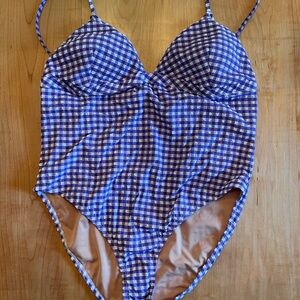 J crew women's one piece swimsuit purple and white check NEW